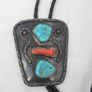 Vintage Large Sterling Turquoise Coral Bolo